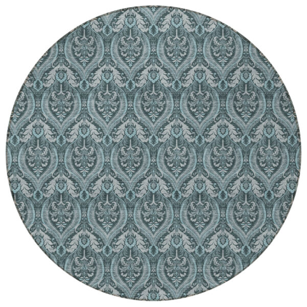 8' Round Teal Round Damask Washable Non Skid Indoor Outdoor Area Rug