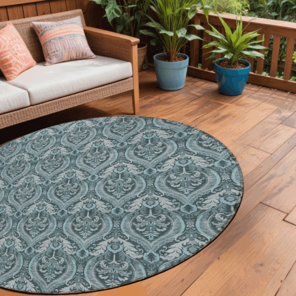 8' Round Teal Round Damask Washable Non Skid Indoor Outdoor Area Rug