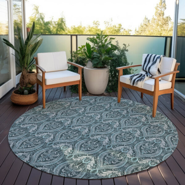 8' Round Teal Round Damask Washable Non Skid Indoor Outdoor Area Rug