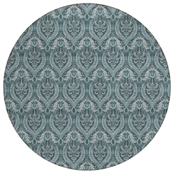 8' Round Teal Round Damask Washable Non Skid Indoor Outdoor Area Rug
