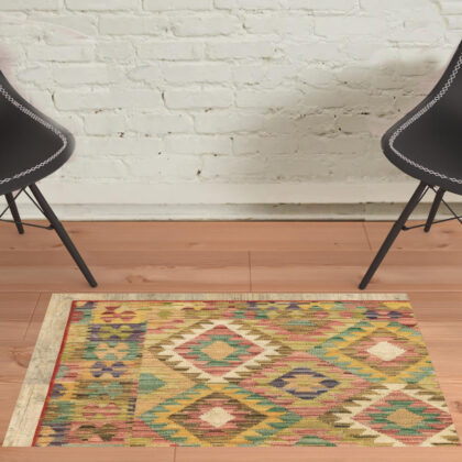 2' X 3' Gold Orange Brown Red Green Purple And Beige Southwestern Printed Stain Resistant Non Skid Area Rug
