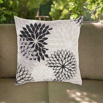 20" Black Gray and White Handmade Floral Indoor Outdoor Throw Pillow