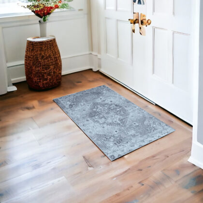 3' X 5' Blue and Ivory Oriental Distressed Area Rug