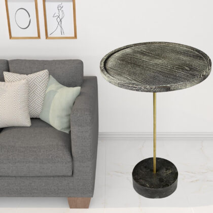 30" Black And Brown Solid Wood And Marble Round End Table