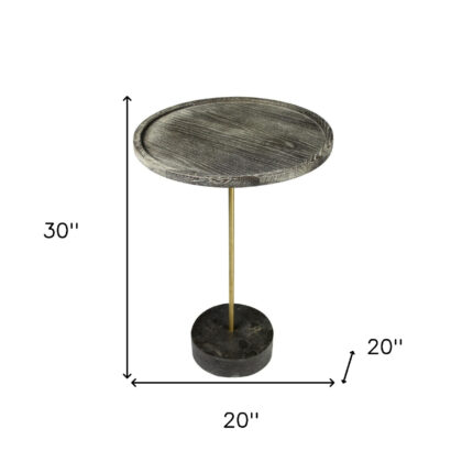 30" Black And Brown Solid Wood And Marble Round End Table