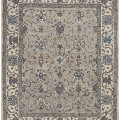 5' X 8' Taupe Ivory And Blue Wool Floral Tufted Handmade Stain Resistant Area Rug