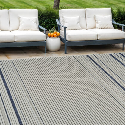 6' X 9' Blue and Cream Striped Distressed Indoor Outdoor Area Rug