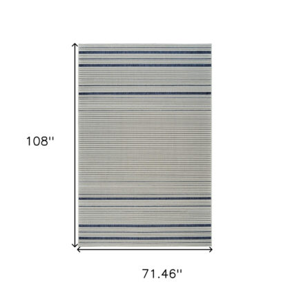 6' X 9' Blue and Cream Striped Distressed Indoor Outdoor Area Rug
