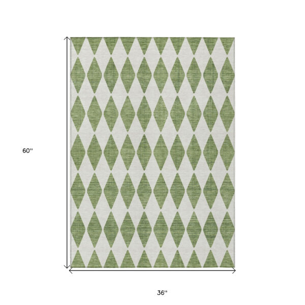 3' X 5' Green And Ivory Geometric Washable Indoor Outdoor Area Rug