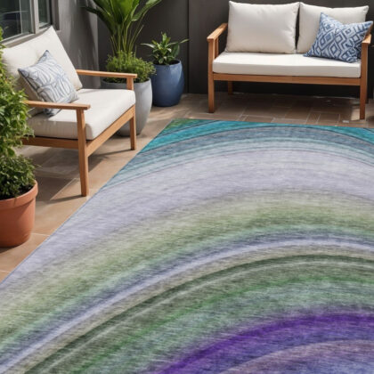 5' X 8' Teal Blue Artichoke Green And Green Abstract Washable Indoor Outdoor Area Rug