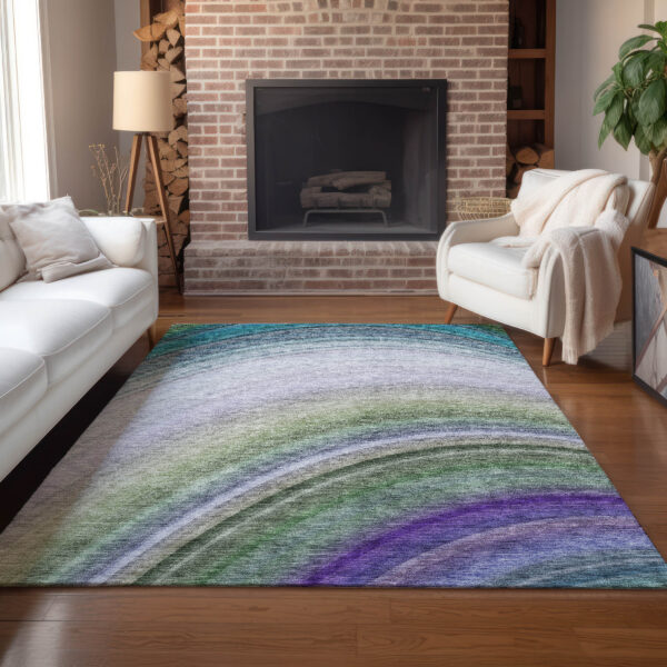5' X 8' Teal Blue Artichoke Green And Green Abstract Washable Indoor Outdoor Area Rug