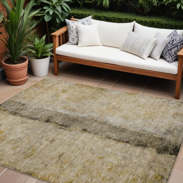 9' X 12' Brown Taupe And Gold Abstract Washable Indoor Outdoor Area Rug