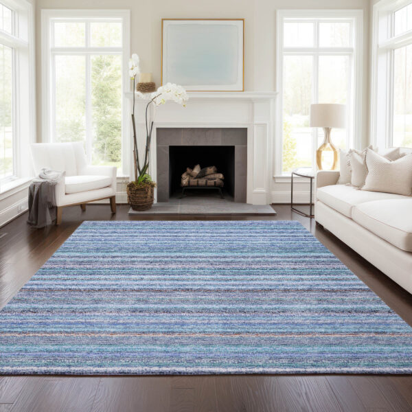10' X 14' Sky Blue And Navy Blue Striped Washable Indoor Outdoor Area Rug