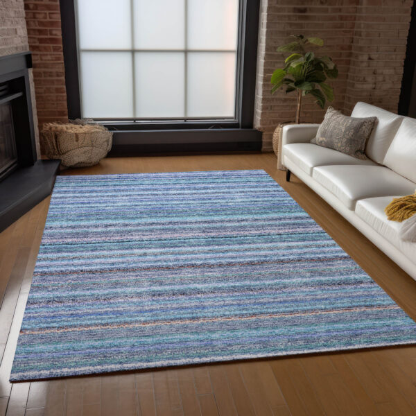 10' X 14' Sky Blue And Navy Blue Striped Washable Indoor Outdoor Area Rug