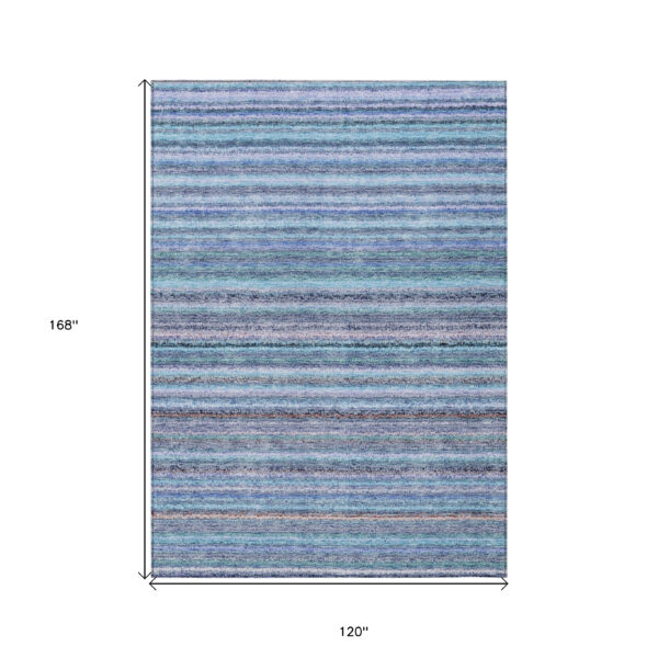 10' X 14' Sky Blue And Navy Blue Striped Washable Indoor Outdoor Area Rug