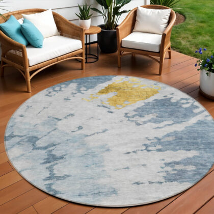 8' Denim Blue And Sky Blue Round Abstract Washable Indoor Outdoor Area Rug