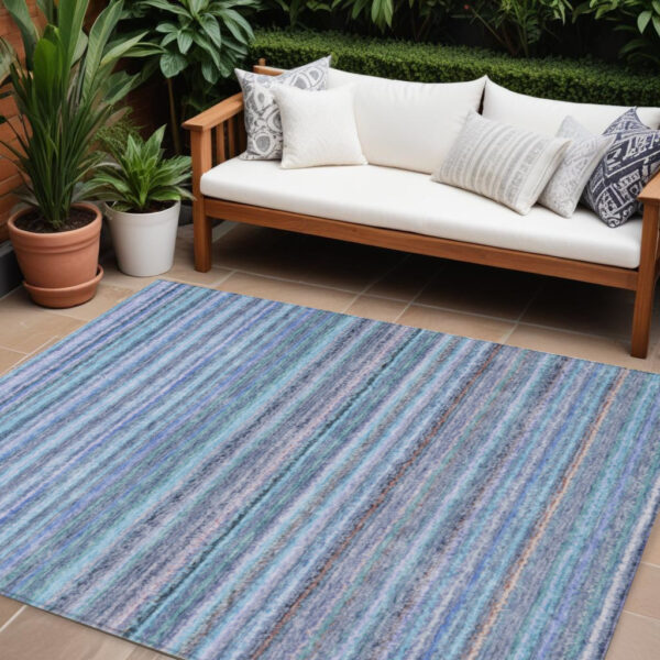 10' X 14' Sky Blue And Navy Blue Striped Washable Indoor Outdoor Area Rug