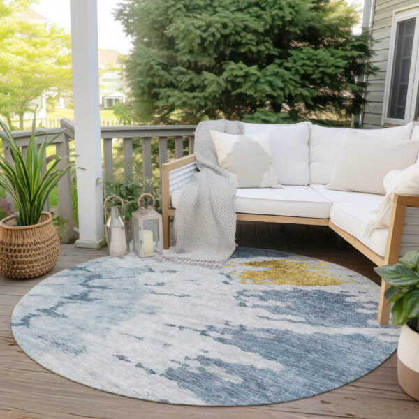 8' Denim Blue And Sky Blue Round Abstract Washable Indoor Outdoor Area Rug