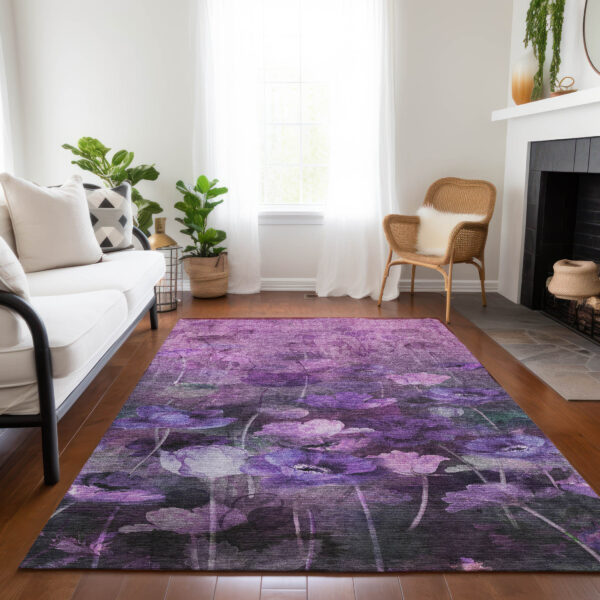 5' X 8' Purple Eggplant And Lavender Floral Washable Indoor Outdoor Area Rug