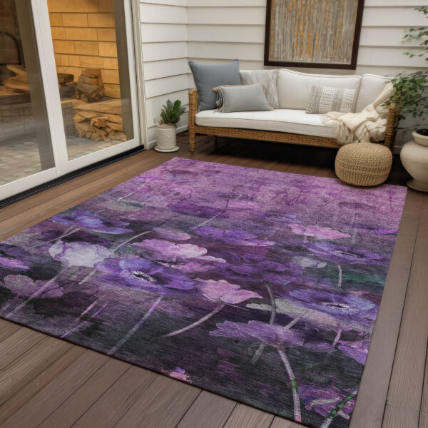 5' X 8' Purple Eggplant And Lavender Floral Washable Indoor Outdoor Area Rug