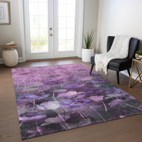 5' X 8' Purple Eggplant And Lavender Floral Washable Indoor Outdoor Area Rug