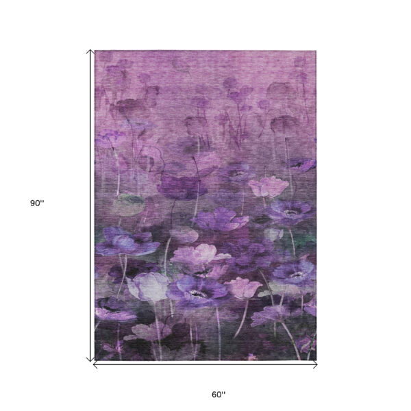 5' X 8' Purple Eggplant And Lavender Floral Washable Indoor Outdoor Area Rug