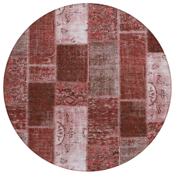 8' Burgundy Merlot And Blush Round Patchwork Washable Indoor Outdoor Area Rug