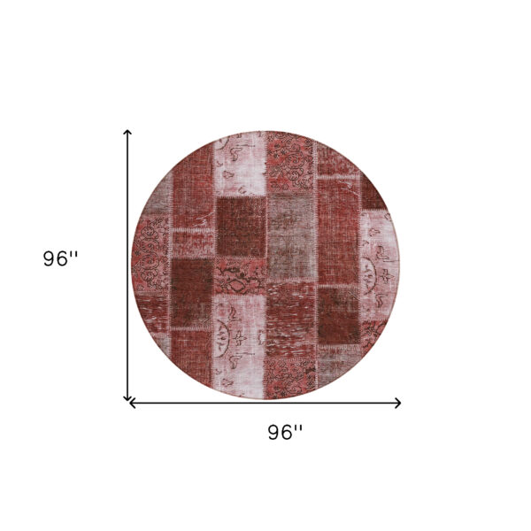 8' Burgundy Merlot And Blush Round Patchwork Washable Indoor Outdoor Area Rug