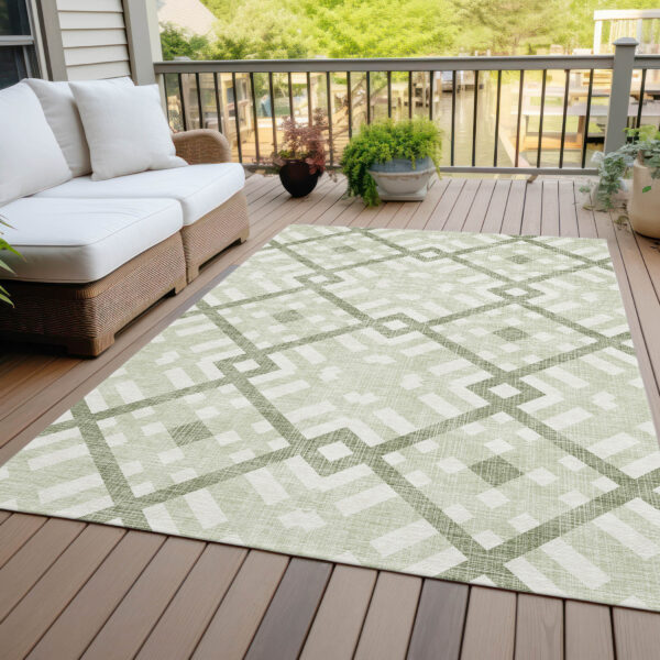 10' X 14' Artichoke Green And Olive Green Geometric Washable Indoor Outdoor Area Rug