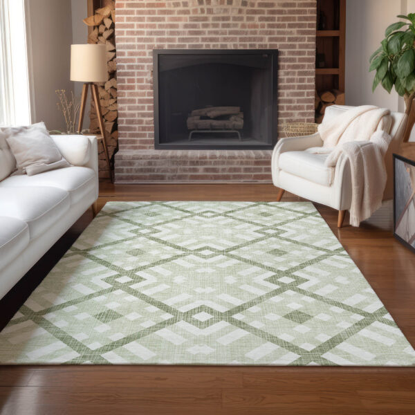 10' X 14' Artichoke Green And Olive Green Geometric Washable Indoor Outdoor Area Rug