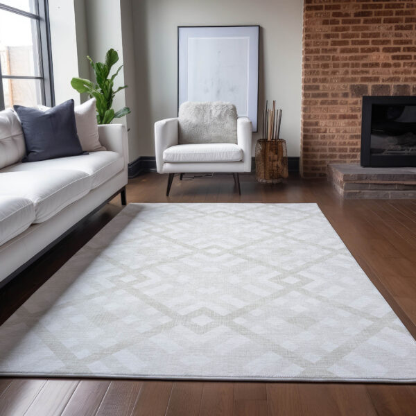 3' X 5' Ivory Beige And Tan Geometric Washable Indoor Outdoor Area Rug