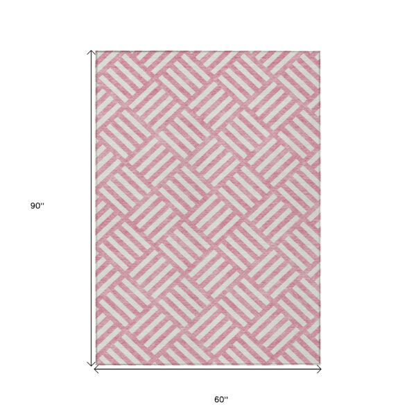 5' X 8' Pink And Ivory Geometric Washable Indoor Outdoor Area Rug