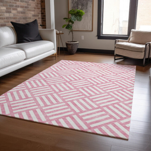 5' X 8' Pink And Ivory Geometric Washable Indoor Outdoor Area Rug