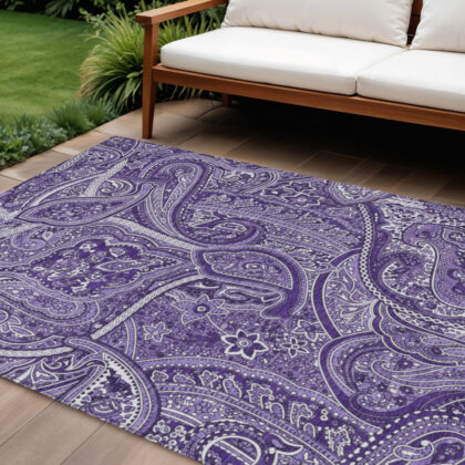9' X 12' Purple Lavender And Silver Paisley Washable Indoor Outdoor Area Rug