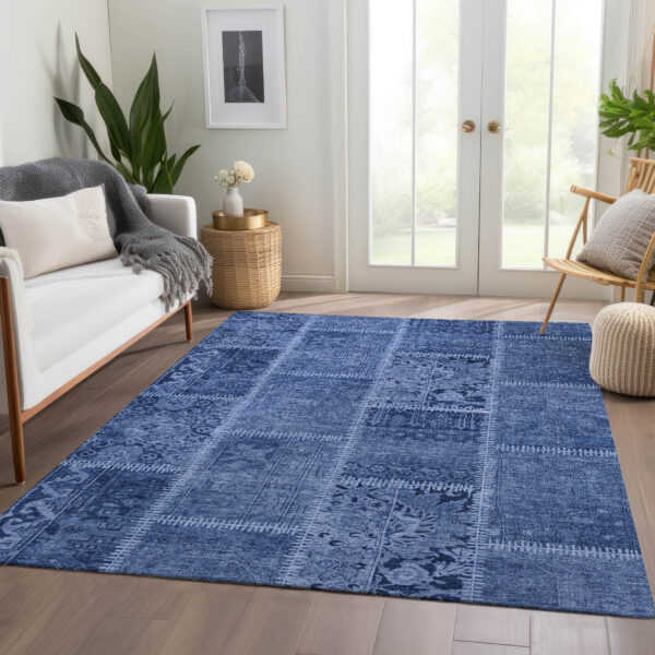 3' X 5' Navy Blue And Denim Blue Patchwork Washable Indoor Outdoor Area Rug