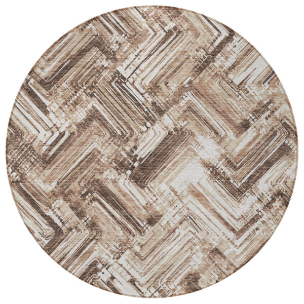 8' Brown Taupe And Tan Round Geometric Washable Indoor Outdoor Area Rug