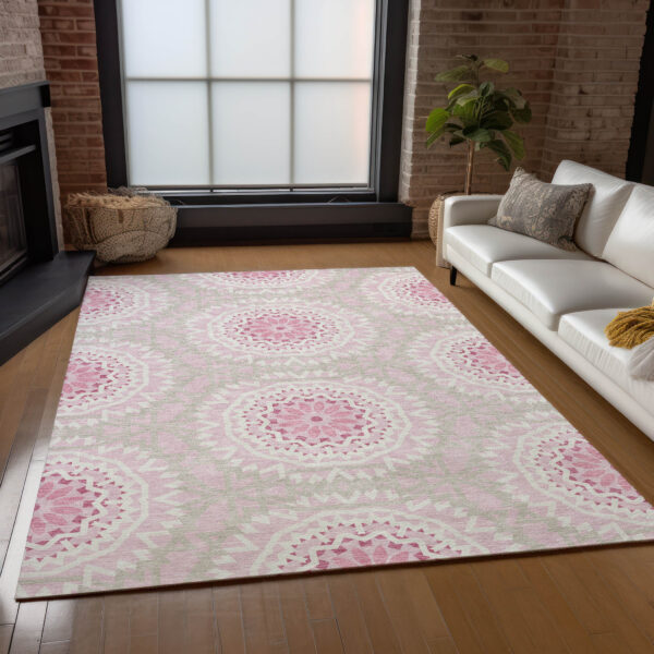10' X 14' Pink Blush And Ivory Floral Medallion Washable Indoor Outdoor Area Rug
