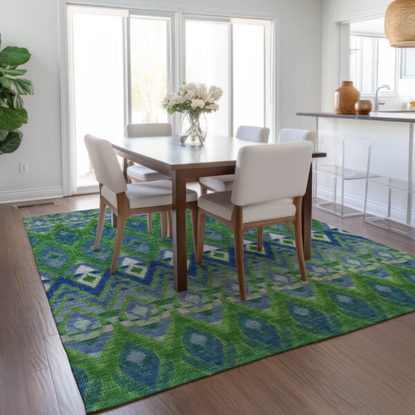 9' X 12' Green And Blue Southwestern Washable Indoor Outdoor Area Rug