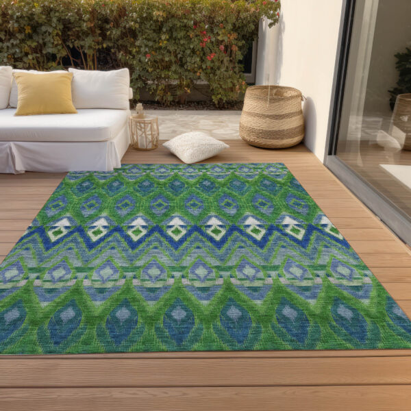 9' X 12' Green And Blue Southwestern Washable Indoor Outdoor Area Rug