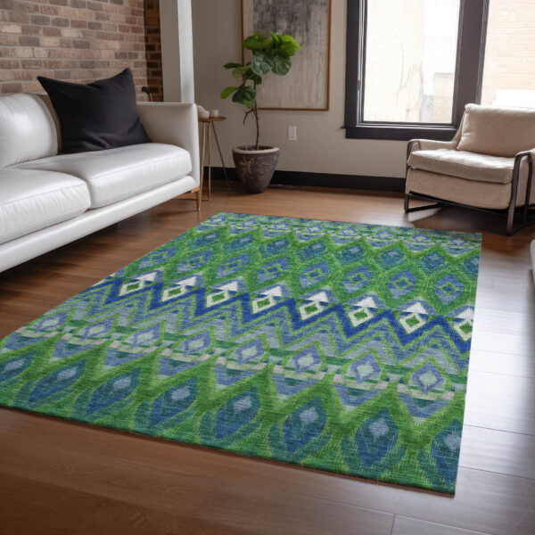9' X 12' Green And Blue Southwestern Washable Indoor Outdoor Area Rug