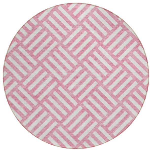 8' Pink And Ivory Round Geometric Washable Indoor Outdoor Area Rug