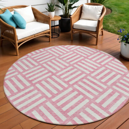 8' Pink And Ivory Round Geometric Washable Indoor Outdoor Area Rug