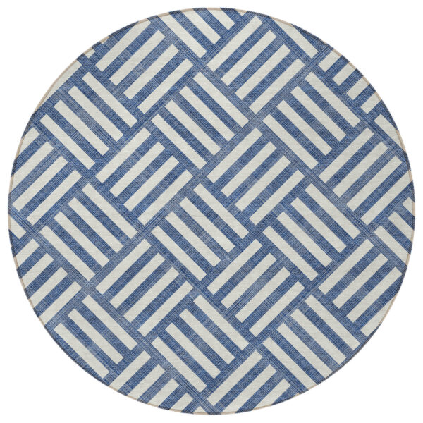 8' Navy Blue And Ivory Round Geometric Washable Indoor Outdoor Area Rug
