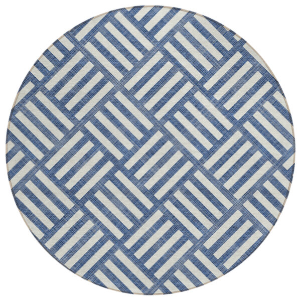 8' Navy Blue And Ivory Round Geometric Washable Indoor Outdoor Area Rug