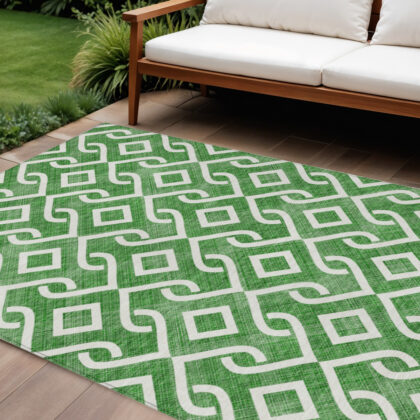 8' X 10' Emerald And Ivory Geometric Washable Indoor Outdoor Area Rug