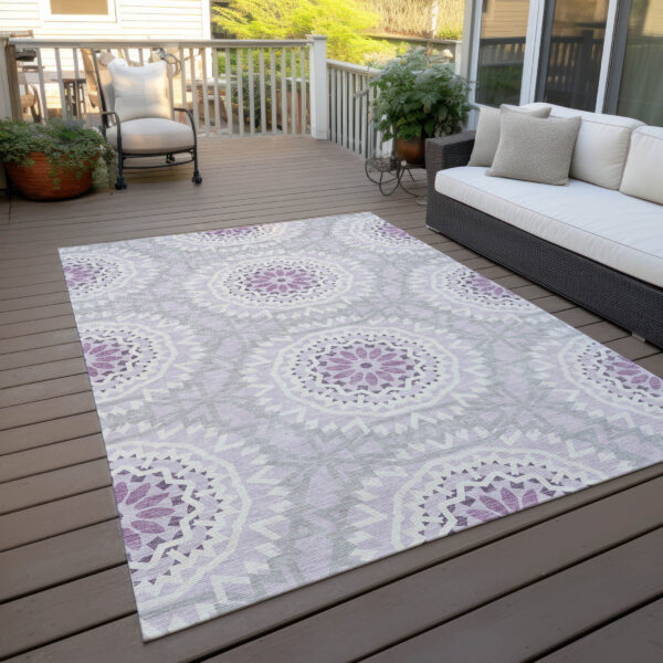 8' X 10' Lilac Purple And Ivory Floral Medallion Washable Indoor Outdoor Area Rug