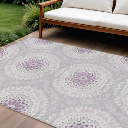 8' X 10' Lilac Purple And Ivory Floral Medallion Washable Indoor Outdoor Area Rug