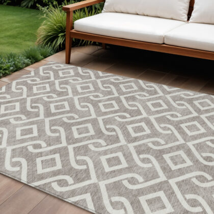 5' X 8' Taupe And Ivory Geometric Washable Indoor Outdoor Area Rug