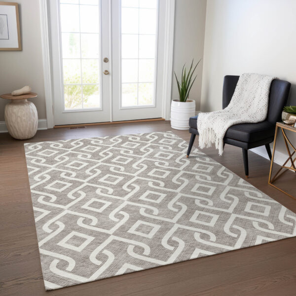 5' X 8' Taupe And Ivory Geometric Washable Indoor Outdoor Area Rug