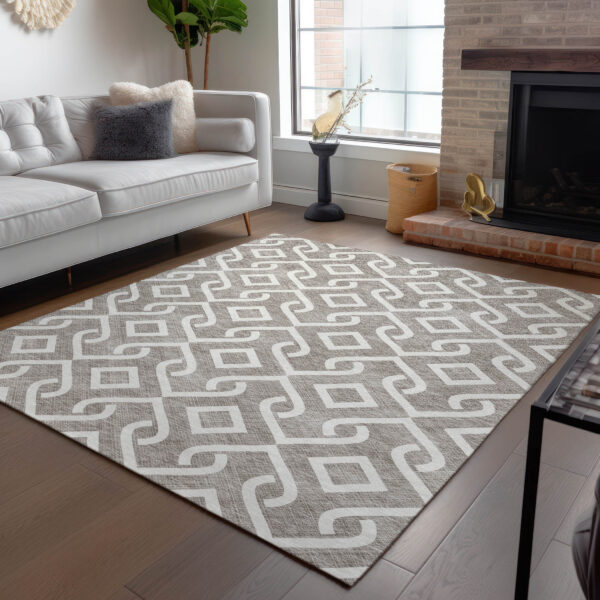5' X 8' Taupe And Ivory Geometric Washable Indoor Outdoor Area Rug